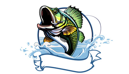 Wall Mural - Fishing bass logo. Bass fish with rod club emblem. Fishing theme illustration. Fish Isolated on white.