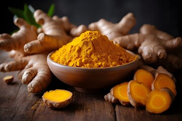 Wall Mural - Turmeric powder and fresh turmeric roots on wooden table