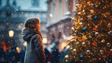 Fototapeta Miasto - A side profile of girl child standing next to a Christmas tree in the city, snow in the city square, christmas market, winter season, happy holidays