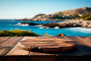 Wall Mural - Wooden table top on blurred background of sea island and blue sky