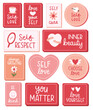 Mental health stickers flat vector illustration set. Collection self care and love inspirational quotes. Positive motivation saying for daily planner