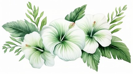 Wall Mural - Hand-painted tropical flowers in watercolors, set against a white backdrop. This collection includes vibrant green watercolor illustrations perfect for enhancing wedding invitations and greeting cards