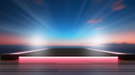 Empty outdoor presentation platform with illuminated space beneath the railing and a backdrop of a clear blue sky. 3D visualization, template