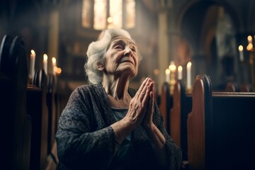 Wall Mural - Old woman praying to God in church. Faith in religion and belief in God. Power of hope or love and devotion, Generative AI 