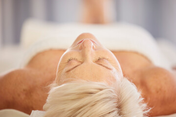 Sticker - Relax, health and senior woman at a spa for peace, wellness and anti aging skincare facial treatment. Calm, beauty and closeup of elderly female person with wrinkles face routine at a natural salon.