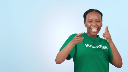 Poster - Happy, volunteer and hand pointing by black woman in studio for faq, checklist or sign up info on blue background. Smile, portrait and African activist with how to guide, presentation or NGO platform