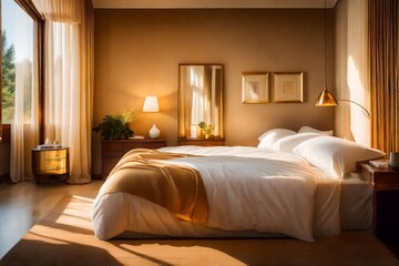 Sticker - A Photograph capturing the warm embrace of morning light, casting a golden hue upon a meticulously arranged bedroom, exuding a sense of calm and serenity.