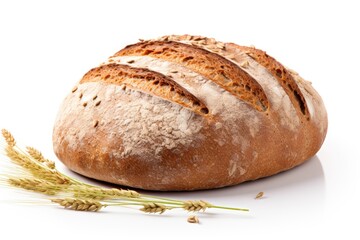 Sticker - Close up of fresh rye bread loaf with crumbs on white background