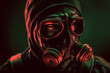 man in a hood and a gas mask on a black background.