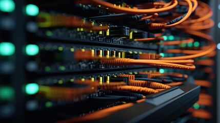 Close-up of a switch, internet cables, and wires