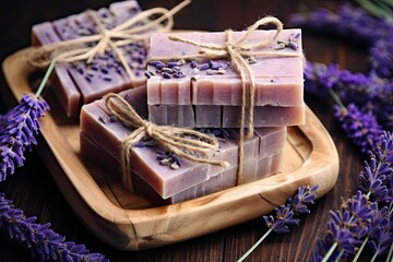 Poster - Handcrafted lavender soap with vintage wooden backdrop Soap creation Bath bars Skincare spa Gift packaging