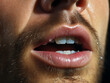 Gepflegter geöffneter Mund mit Zähne und Schnauzer eines Mannes in Nahaufnahme, ai generativ