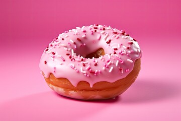 Wall Mural - Pink donut with sprinkles on pink surface