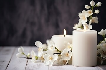 Poster - Spa ambiance with flowers candles and willow branches on white background