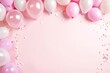 Top view of a flat lay birthday arrangement with a pastel pink table colorful balloons and confetti