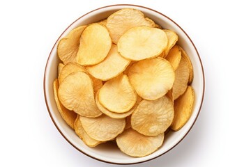 Poster - Top view of a bowl with potato chips salted isolated on white