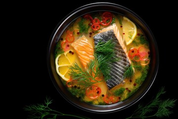 Wall Mural - Top view of bowl of fresh fish soup on black background
