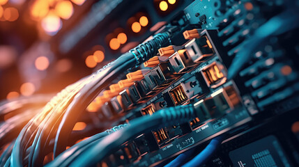 Close-up of a switch, internet cables, and wires