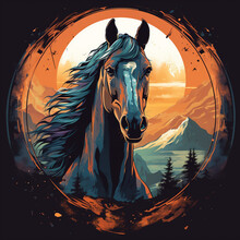 Horse On The Background Of The Full Moon. Vector Illustration.