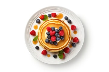 Poster - Top view of white plate with pancakes fresh berries and maple syrup