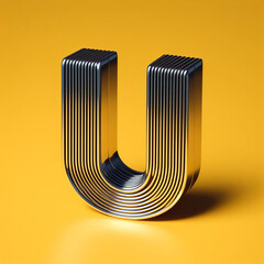 Wall Mural - 3D typography of the letter U on a yellow background. Chrome shiny texture, ridges, minimal