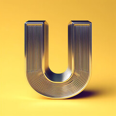 Wall Mural - 3D typography of the letter U on a yellow background. Chrome shiny texture, ridges, minimal