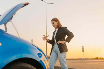 Wall Mural - woman near a car with an open hood on the road, car breakdown.