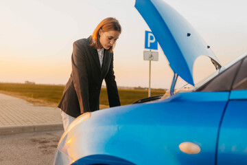 Wall Mural - woman near a car with an open hood on the road, car breakdown.