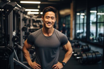 Wall Mural - Smiling portrait of a young male asian fitness instructor working in an indoor gym