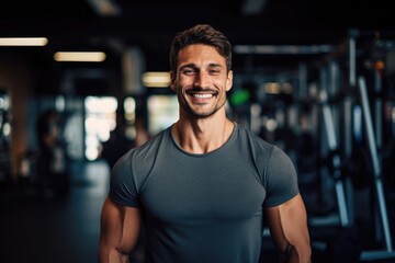 Wall Mural - Smiling portrait of a young male caucasian fitness trainer in an indoor gym