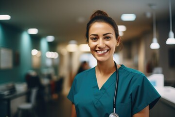 Smiling portrait of a happy female caucasian nurse working in an office