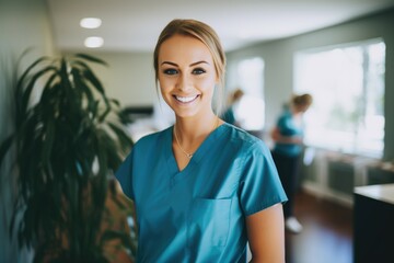 Smiling portrait of a happy female caucasian nurse working in an office