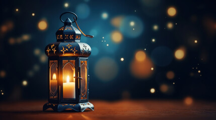 Lantern or Eid lamp with candle inside at night.