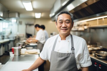 Wall Mural - Smiling portrait of an asian chef working in a restaurant kitchen