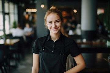 Wall Mural - Smiling portrait of a happy female caucasian bartender working in a cafe or bar