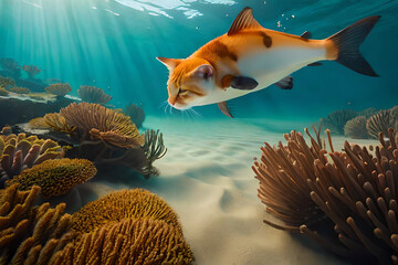 Wall Mural - A cat swimming under a fish AI-generated Digital Art