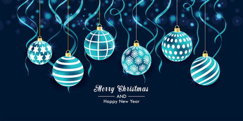 Wall Mural - Christmas ball with confetti. Xmas ball on dark blue background