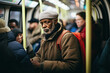 older black man looking at camera, traveling on the subway