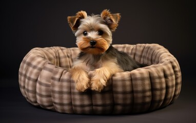 Portrait of cute puppy on lying on a dog bed on blurred room background