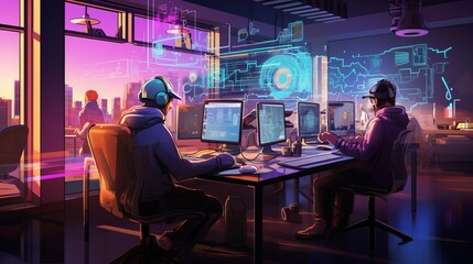 collaborative software developers coding and testing in modern workspace
