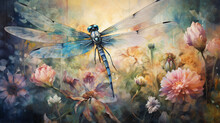 A Painting Of A Dragonfly On A Flowery Background