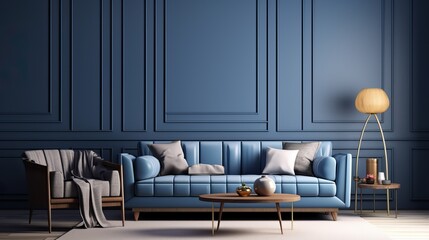 Canvas Print - Modern Interior Design of a Light Blue Living Room with a Big Sofa and some Pillows, Armchair and other Decorations.