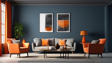 Canvas Print - Colorful Interior Design of a Living Room Blue Mixed with Orange. Contemporary Design.