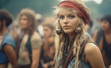 A Free-spirited Native Woman, Adorned With A Red Headband And Braids, Exudes Cinematic Charm As She Stands Confidently On The Street In Her Hippy Clothing, Embodying The Raw Beauty Of Human Expressio