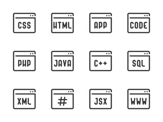 Frontend Development and Website Layout vector line icons. Programming Languages outline icon set. Php, Css, Html, Software Java, Coding, and more.