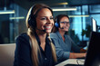 Portrait of a call center worker accompanied by her team. Smiling customer support operator at work.