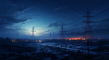 Electricity Towers And Electrical Poles In The Night Background