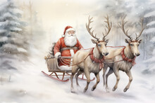 Santa Claus Arrives At Christmas In A Team With Reindeer