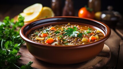 Homemade vegan lentil soup with vegetables and cilantro, white wooden background, top view. Indian vegetarian cuisine.