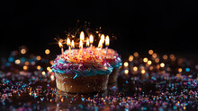 Leckerer Geburtstagskuchen Mit Vielen Kerzen Und Lichter Bokeh Querformat, Ai Generativ